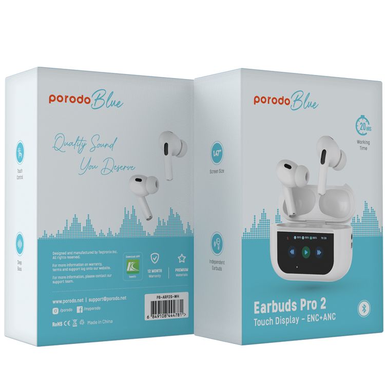 Porodo Blue AirPods Pro2 with Screen, Deep Bass, Touch Control, Camera Shutter, Music Playback, Call Management, 20 Hours Working Time, 1.47 inches Screen Size - White