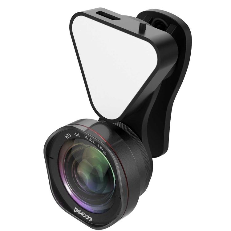 Porodo 3 in 1 Phone Camera Lens with Detachable Flash 3 Level Brightness - Adjustable Angle - 0.6x Wide Angle Lens - 15x Macro Lens - Dual Lens Suitable for Smartphones - Black