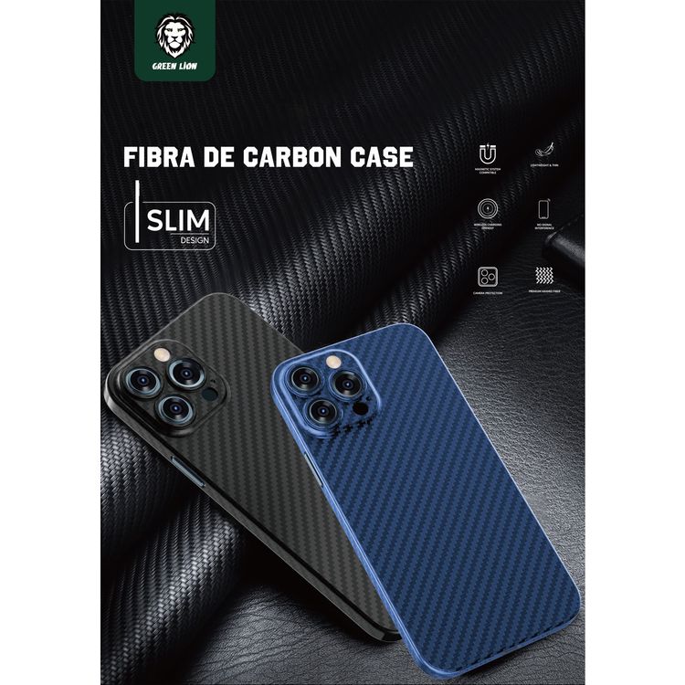 Green Lion Fibra de Carbon Case for iPhone 13 Pro Max 6.7", Drop & Shock Absorption Protective Back Cover Suitable with Wireless Charging Officially Licensed - Blue