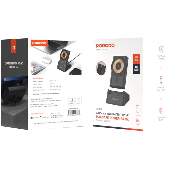 باور بانك Porodo 5200 مللي أمبير في الساعة مدمج مع منفذ Type-C Magsafe