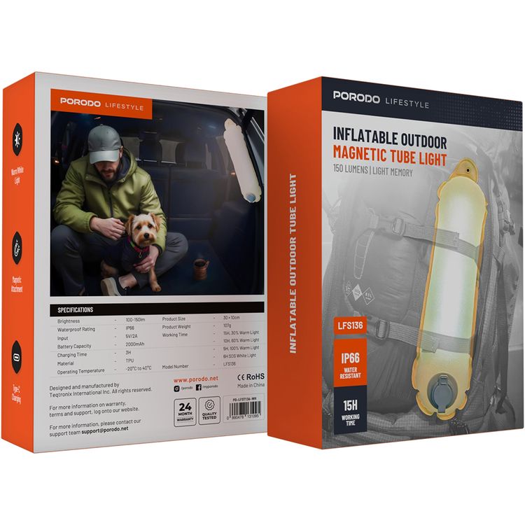 Porodo Inflatable Outdoor Magnetic Tube Light with Warm & White Light, Up to 15 Hours Working Time, Magnetic Attachment, Up to 150 Lumens Brightness, 2000mAh Battery Capacity, Type-C Charging Port, TPU Material - White