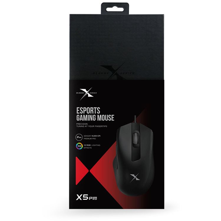 Bloody X5 Pro for RGB Esports Gaming Mouse with 3389 16K Optical Sensor, Anti-Slip Grip Handling, Wired Gaming Mouse with 4 Customizable Sensor Sensitivity - Black