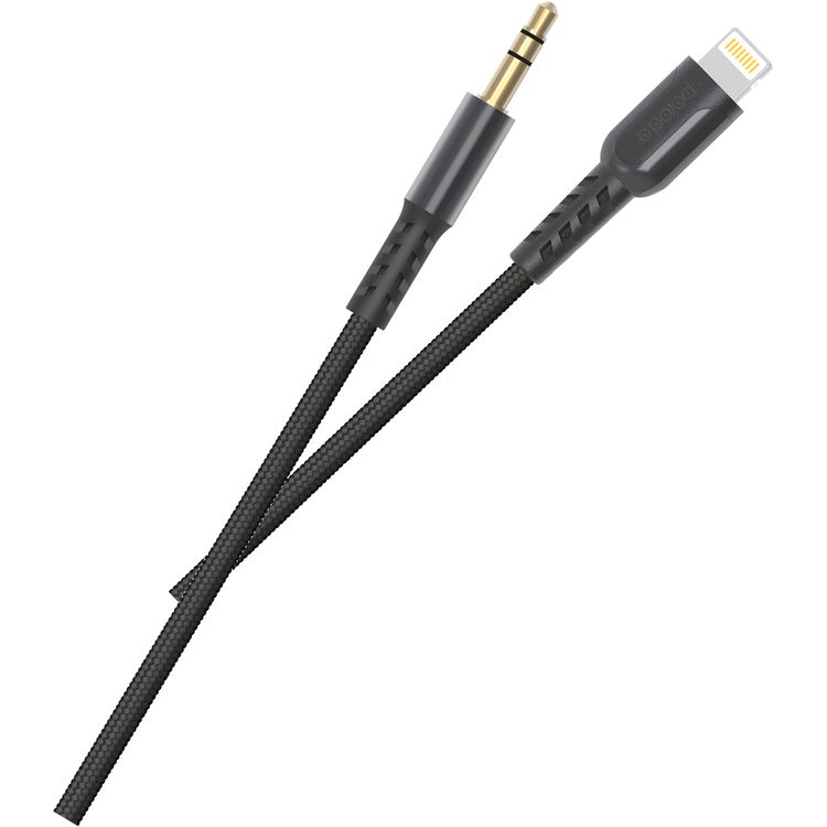Porodo Lighting to Aux Cable with 1.2m Length, Anti-tangle, Universal Compatibility, 3.5mm Audio Jack, Plug & Play, Braided - Black