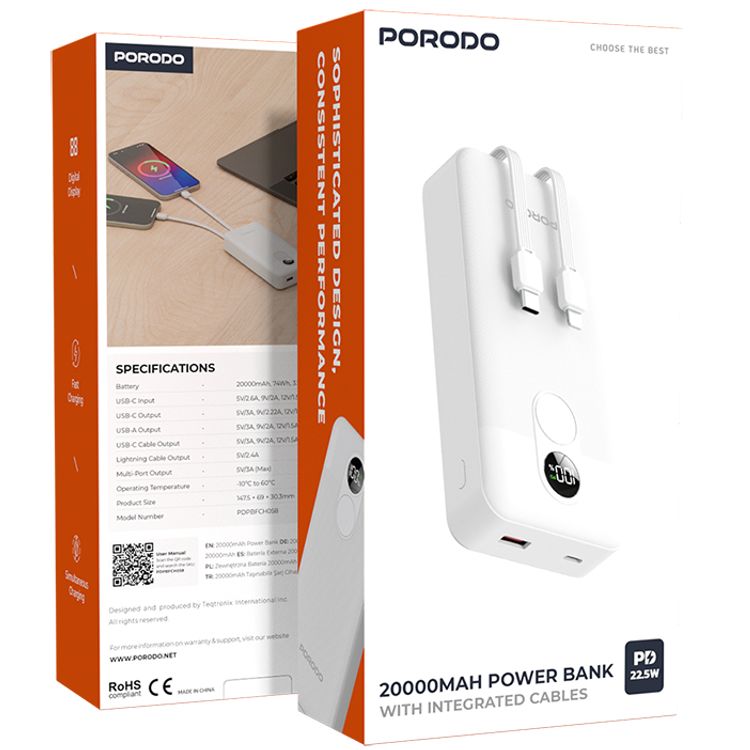 بنك الطاقة بورودو بسعة 20000 مللي أمبير مع كابل مدمج من نوع C وكابل لايتنينج، توصيل طاقة بقوة 22.5 واط، شحن متزامن، شحن من 0% إلى 60% في 35 دقيقة، عرض رقمي - أبيض