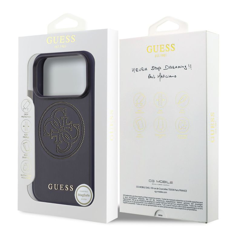 غطاء Guess MagSafe من جلد PU مع شعار 4G مثقب لهاتف iPhone 17 Pro، تركيب سهل، حماية من السقوط، تصميم نحيف، قبضة مريحة، خفيف الوزن - اللون كحلي