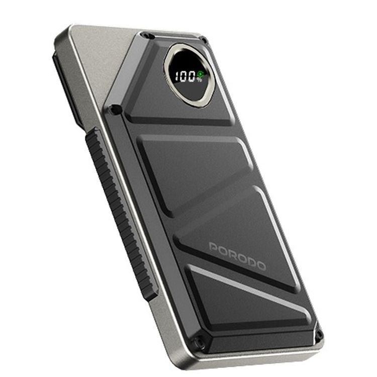 باور بانك بورودو 2x Type-C، بقدرة 10000 مللي أمبير، 2.4 أمبير لايتنينج، مخرج USB-A بقوة 22.5 وات، PD 20 وات، شاشة رقمية، شحن متزامن - أسود