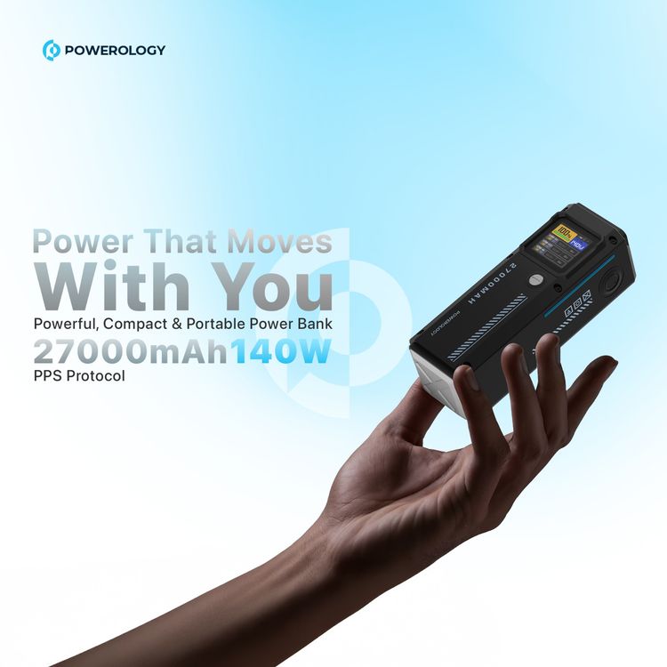 Powerology 27000mAh Smart Display Power Bank with 140W Power Delivery, USB-A & Dual USB-C Ports, 30cm 60W USB-C to USB-C Cable, Simultaneous Charging, Laptop Charging, Built-in Safeguards - Black