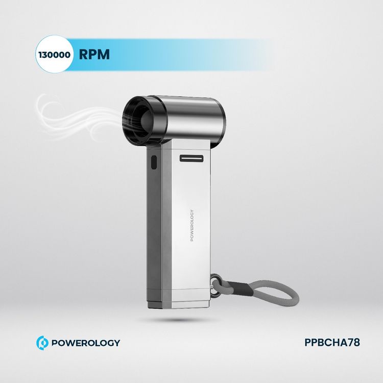 مروحة ومكنسة باورولوجي تيربو جيت مع 4 مستويات سرعة، مؤشر بطارية، تصميم محمي ببراءة اختراع، عمر بطارية ممتد، منفذ شحن Type-C - فضي