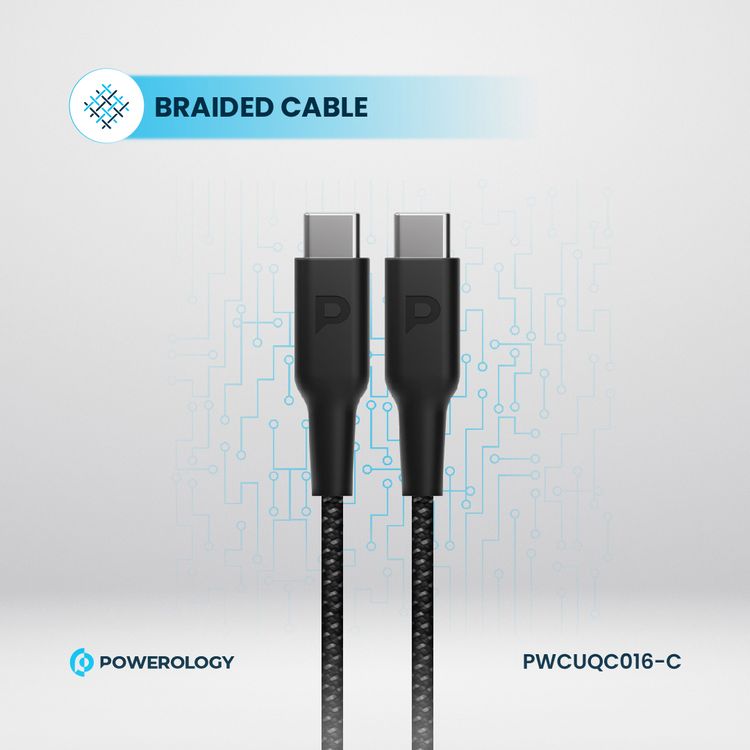 Powerology Ultra-Compact GaN Charger With USB-C to USB-C 60W Cable, 20W Power Delivery, Built-in Safeguard, 1.2m Cable Length - Black