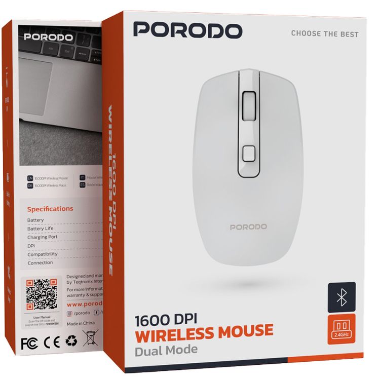 Porodo 1600 DPI Wireless Dual Mode Mouse with 10m Wireless Range, 30 Days Working Time, Built-in Battery - White