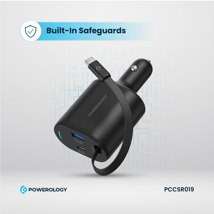 Powerology Retractable Car Charger with Simultaneous Charging, Built-In Safeguards, Patented Design, 1m Cable Length - Black 