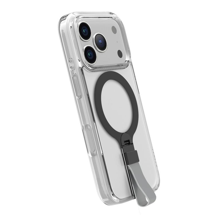 Levelo Spira MagSafe Clear Grip Case for iPhone 17 Pro, Strong Magnets, Horizontal & Vertical Viewing, Shock-Resistant Bumper, Anti-Scratch, 360° Rotating Metal Kickstand - Silverstone