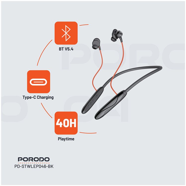Porodo Echo Flex Magnetic Buds with Hall-Switch Technology, ENC, Crystal Clear Audio, High-Clarity Microphone, Patented Design - Black