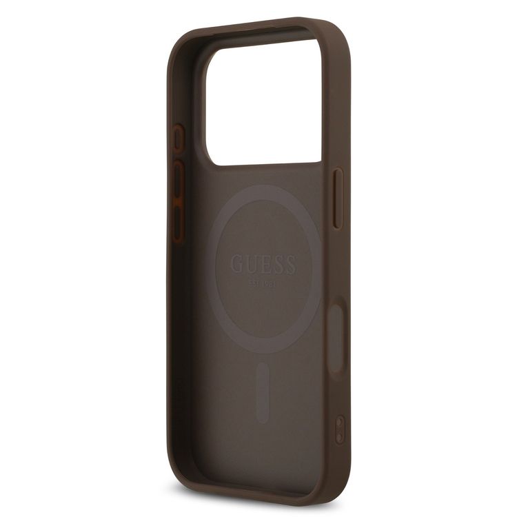 Guess MagSafe 4G PU Leather Case with Triangle Logo for iPhone 17 Pro, Slim Profile, Drop Protection, Comfortable Grip, Sustainable Packaging, Lightweight Design, Easy Snap-On - Brown