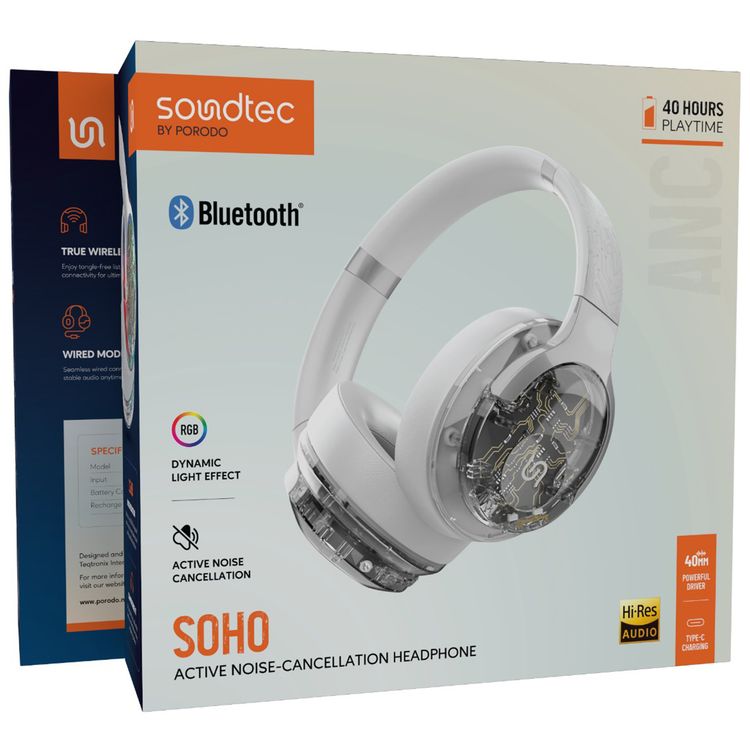 Porodo Soho Active Noise-Cancellation Headphones with RGB Dynamic Light Effect, 600mAh Battery, Up to 40 Hours Play Time, Wired & Wireless Connectivity, ∅40mm Speaker Diameter, Bluetooth Version 5.4, Immersive Audio with Full Bass, Compact Foldable Design - White