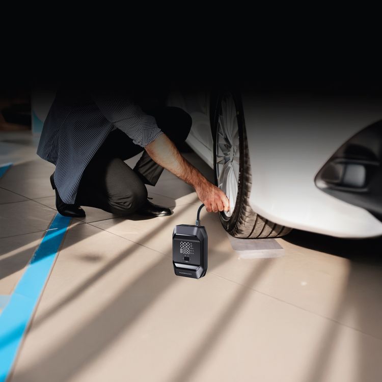 Powerology Inflate Boost Jump Starter with Air Compressor, 10000mAh Battery Capacity, Power Bank Function, LED Flashlight, 5 Inflation Modes, USB-C Cable Type, 33.5cm Cable Length, 6L Gasoline & 4L Diesel Supported Vehicles, Auto-Stop Inflation, Smart Digital Display - Black