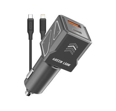 Green Lion Dual Volt Car Charger with Type-C to Lightning Cable, PD 30W, QC 30W, USB-A & USB-C Ports, 60W Total Output, Heat Dissipation, Charging Protection - Gray