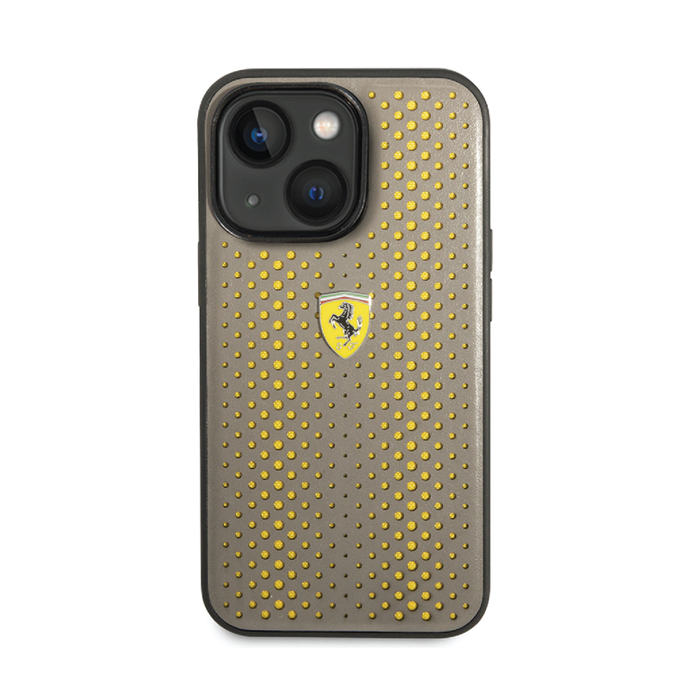 Ferrari PU Leather Perforated Case with Nylon Base & Yellow Shield Logo iPhone 14 Plus Compatibility - Yellow