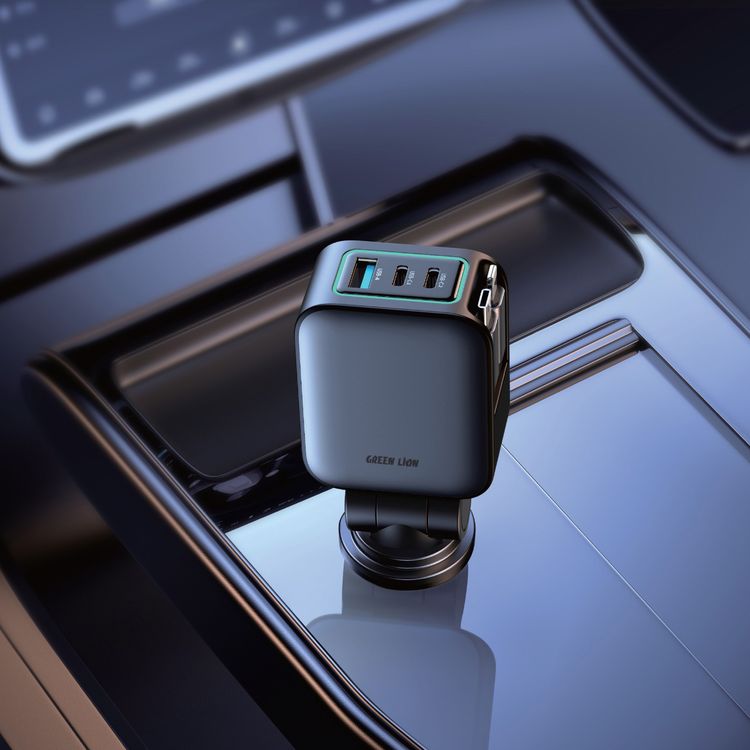 Green Lion Retractable 99W Car Charger with Soft Ambient LED, 2× USB-C Ports, 1× USB-A Port, Flexible & Adjustable, Safety Protection, 80cm USB-C & Lightning Cable, 180° Swivel & Flexible, PD 45W, ABS + Flame Retardant PC Material - Gray