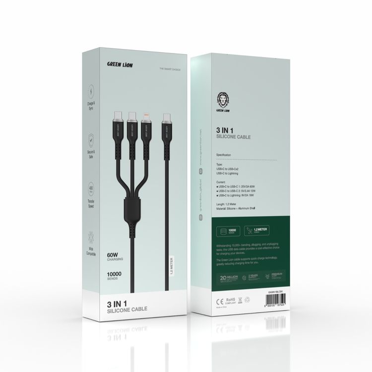 Green Lion 3in1 Silicone Cable, Wide Compatible, Charge & Sync, 10000 Bends, Secure & Safe - Black