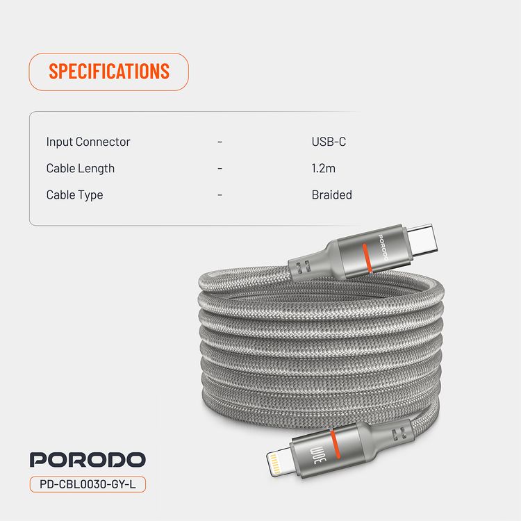 Porodo Type-C to Lightning Magnetic Braided Cable with 30W Power Delivery, 1.2m Cable Length, More than 15,000 Bends Lifespan, Tangle-Free Design - Gray