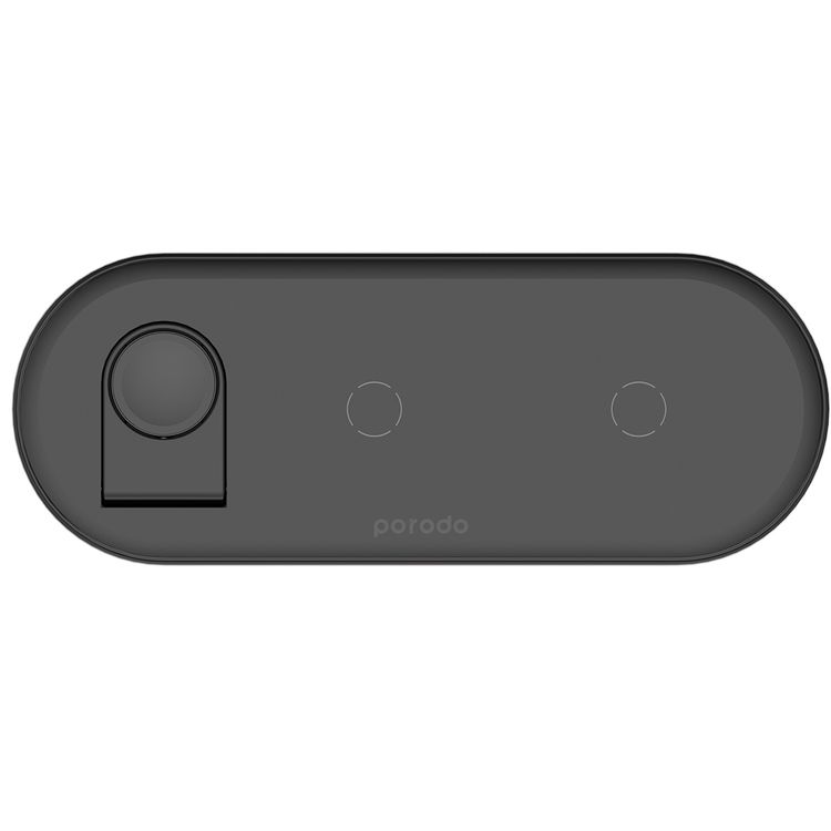 Porodo 4-in-1 Slim Charging Base with Built-in Foldable Watch Charger, Type-C Cable Included, Up to 10W Fast Wireless Charging, Overcharge & Overheat Protection - Black