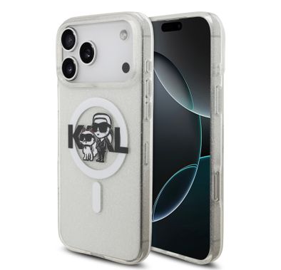 Karl Lagerfeld MagSafe IML Glitter Case with Karl & Choupette Heads for iPhone 17 Pro Max, Drop Protection, Slim Profile & Lightweight Design, Easy Snap-On, Comfortable Grip, Sustainable Packaging - Transparent