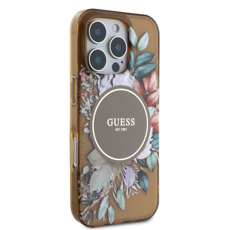 Guess Magsafe IML Transparent Hard Case with Flower Design & Tonal Circle Logo for iPhone 16 Pro Max, Lightweight, High Quality Material - Brown