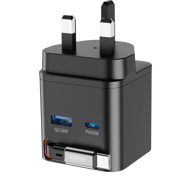 Powerology Dual Port Retractable GaN Charger, Built-in Safeguards, 3-Device Charging, 65W Power Delivery, Fire Proof Material, Patented Design, 75cm Retractable Type-C Cable - Black