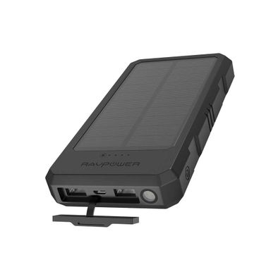 RAVPower Portable Solar Charger Powerbank 15000mAh w/ iSmart 2.1A Port - Built-in Flashlight - Solar & Micro-B Dual Input - IPX6 Splash/Dust/Shock-proof Design Powerbank - Black