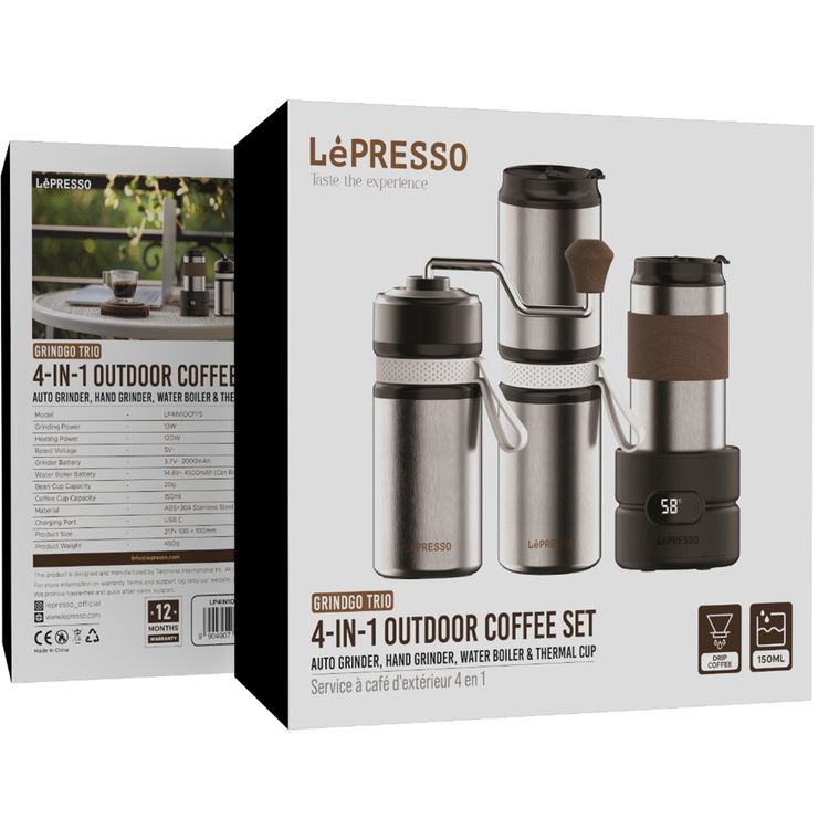 LePresso 4-in-1 Outdoor Coffee Set with Drip Coffee, Grinder & Water Boiler, 20g Bean Cup & 150mL Coffee Cup Capacity, 13W Rated Power, Heated Water Function, Adjustable Grind Settings - Silver