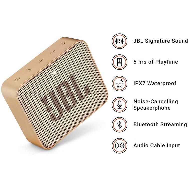 JBL GO 2 Portable Wireless Bluetooth Speaker, 5-hours Playtime, IP67 Waterproof Feature, Speaker Built-in Noise-Cancelling Speakerphone - Champagne Gold