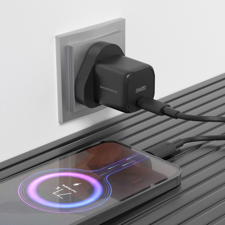 Porodo PD 20W UK Wall Charger with Over-Heat Protection, Universal Compatibility, Reliable Companion, Fast Charging, Lightweight & Portable - Black 