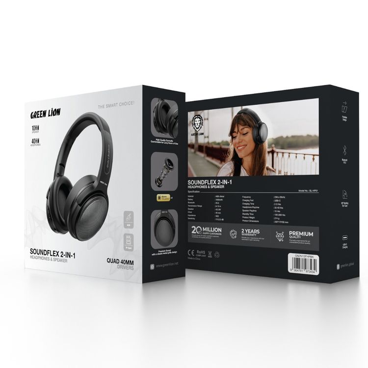 سماعات ومكبر صوت Green Lion SOUNDFLEX 2 في 1 بسعة بطارية 1000mAh، أكواب أذن تدور بزاوية 90 درجة، 10 ساعات تشغيل كمكبر صوت، 40 ساعة تشغيل كسماعات، بمحركات رباعية 40MM.