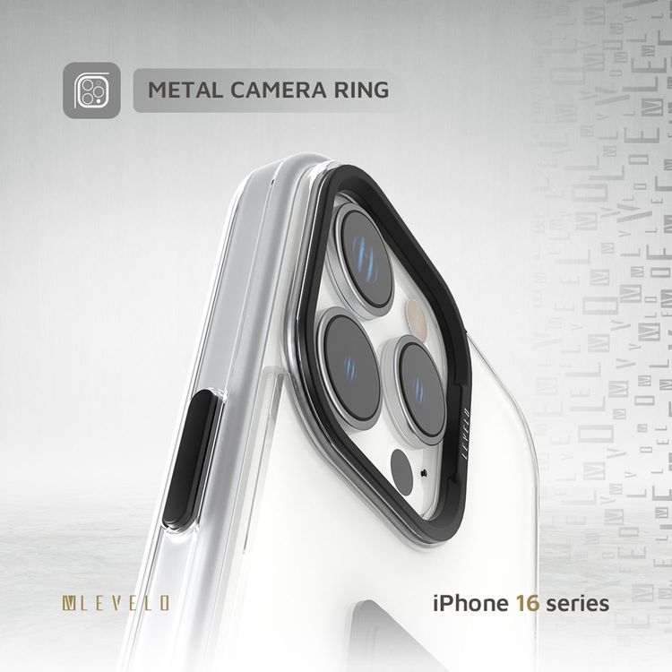 Levelo Morphix Clara Case for iPhone 16 Pro Max, Hybrid Material, Impact-Resistant Corners, Built-in Leather Grip, Metal Camera Ring - Black