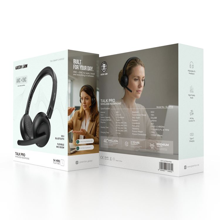 Green Lion Talk Pro Wireless Headphone with 54 Hours Play Time, Bluetooth Version 6.0, Flexible Mic Boom, ANC + ENC Dual Noise Control, Adjustable Fit Headphone, High-Fidelity Audio, All-Day Comfort Fit, Type-C Charging Port, Ultra-Long Battery Life, Soft Ear Cushions - Black