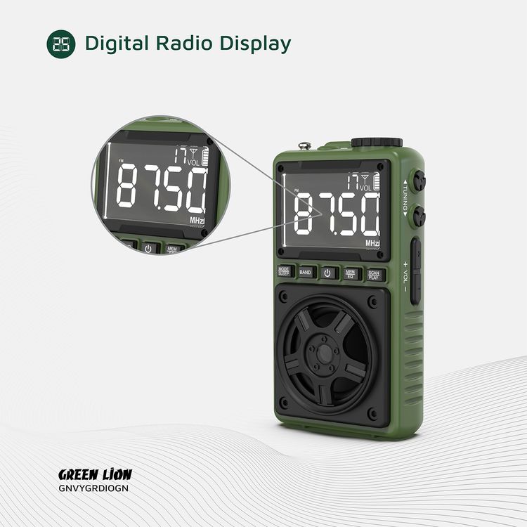 Green Lion Voyager Portable Radio with Bluetooth Speaker, 1.2W Flashlight, 6-7 Hours Playtime, 8-10m Transmission Range, Auto-Scan Mode, Lock & Sleep Function, 1.5 Hours Charging Time - Green