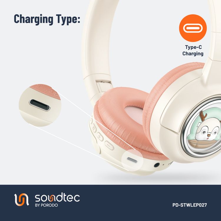 Porodo Soundtec Moose Wireless Kids Headphone, V5.3 Bluetooth, 2H Charging Time, 40mm Speaker Size, 20H Play Time, LED Lights, 400mAh - Pink 