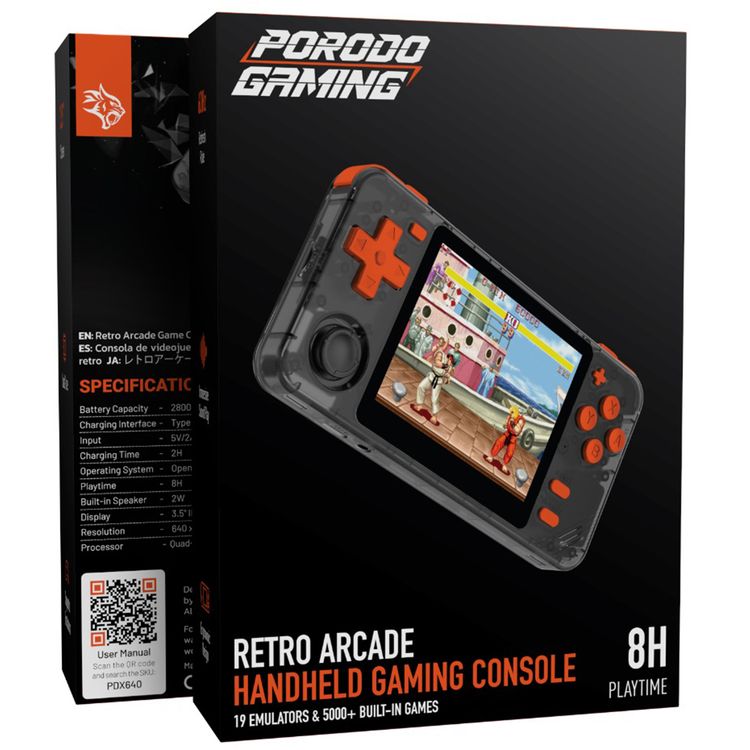 وحدة تحكم ألعاب بورودو جيمينج PDX640 ريترو آركيد مع 19 محاكي و5000+ لعبة مدمجة، حجم شاشة 3.5 بوصة، معدل تحديث 60 هرتز، وقت لعب يصل إلى 8 ساعات، صوت غامر، تصميم مريح، سعة البطارية 2800 مللي أمبير - برتقالي / أسود