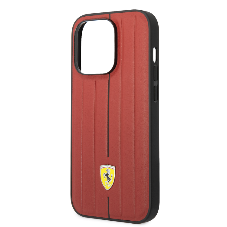 Ferrari Leather Case With Embossed Stripes & Yellow Shield Logo - iPhone 14 Pro Max - Red