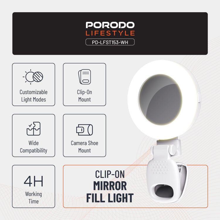 Porodo Lifestyle Clip-On Mirror Fill Light with Camera Shoe Mount, Type-C Charging Port, 200mAh Battery Capacity, Up to 4 Hours Working Time, 180° Adjustable Angle, Customizable Light Modes - White