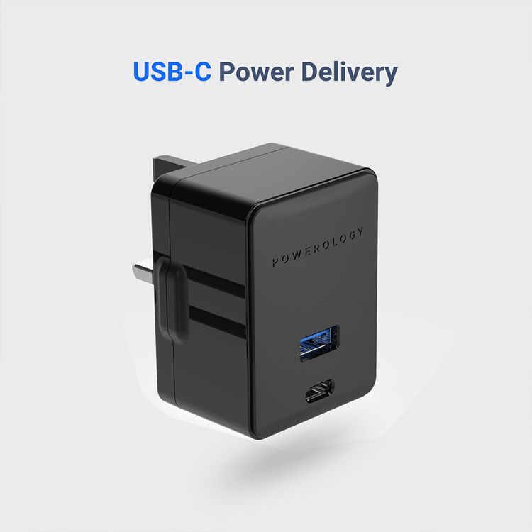Powerology Ultra-Quick Power Delivery & Quick Charge Wall Charger with Type C Port, Dual Ports 36W Simultaneous Fast Charging for Two Devices, Rubberized Surface, USB-C -Black