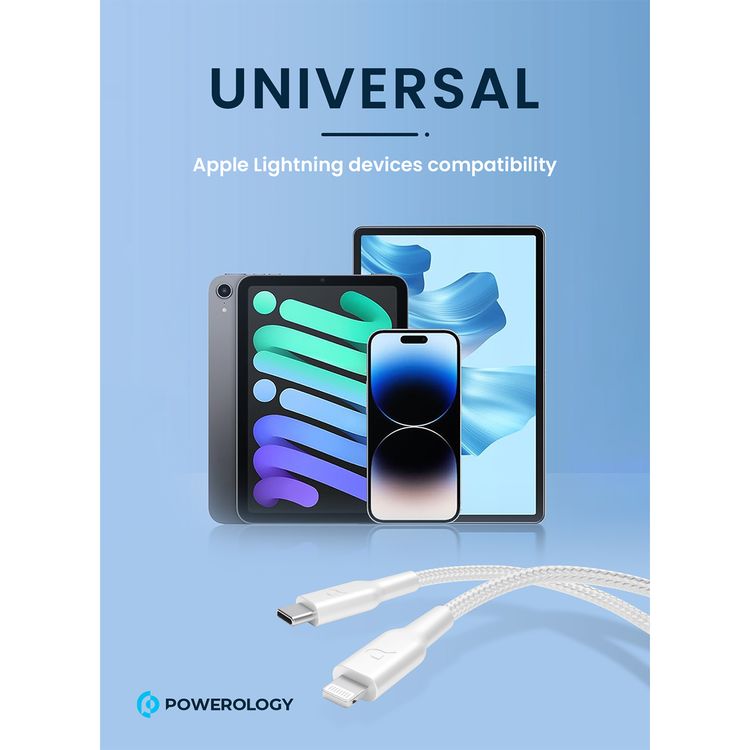 كابل شحن باورولوجي مضفر من USB-C إلى Lightning مع الشحن السريع ونقل البيانات، بقدرة توصيل طاقة 60 واط، وتوافق عالمي، بطول كابل 1.2 متر - أبيض