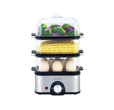 Green Lion 3-Tier Egg Cooker & Vegetable Steamer with 500mL Water Reservoir Capacity, 16 Eggs Tray Capacity, 0-60 Minutes Cooking Time, Stainless Steel Material, Polypropylene Tray Material, Steam Vent Lid, Rotary Knob, Light Indicator- Gray
