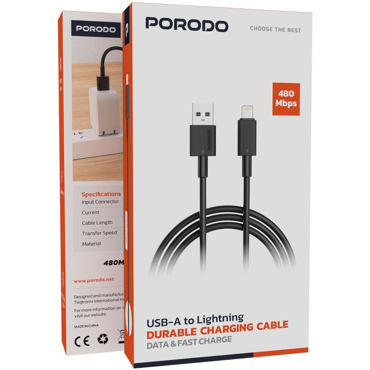 كابل شحن Porodo USB-A إلى Lightning متين بطول 3 أمتار، مصنوع من مادة PVC، سرعة شحن ونقل بيانات سريعة، عمر افتراضي لأكثر من 15000 انحناءة، سرعة نقل البيانات 480 ميجابت في الثانية، تصميم لا يتشابك - اللون الأسود.