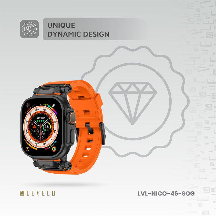 Levelo Nico Watch Strap for Apple Watch 49/46mm with Metal Buckle Closure, Compatible with SE Series 9, 8, 7, 6, 5, Silicone & Stainless Steel Finish, Lightweight & Flexible Fit, Sweat-Resistant & Water-Resistant, Hypoallergenic Material, Extended Band Interaction - Sunset Orange