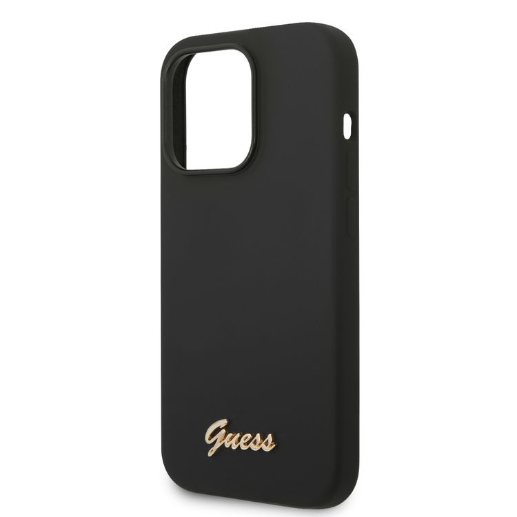 Guess Liquid Silicone Case With PC Camera Outline & Script Metal Logo - iPhone 14 Pro - Black