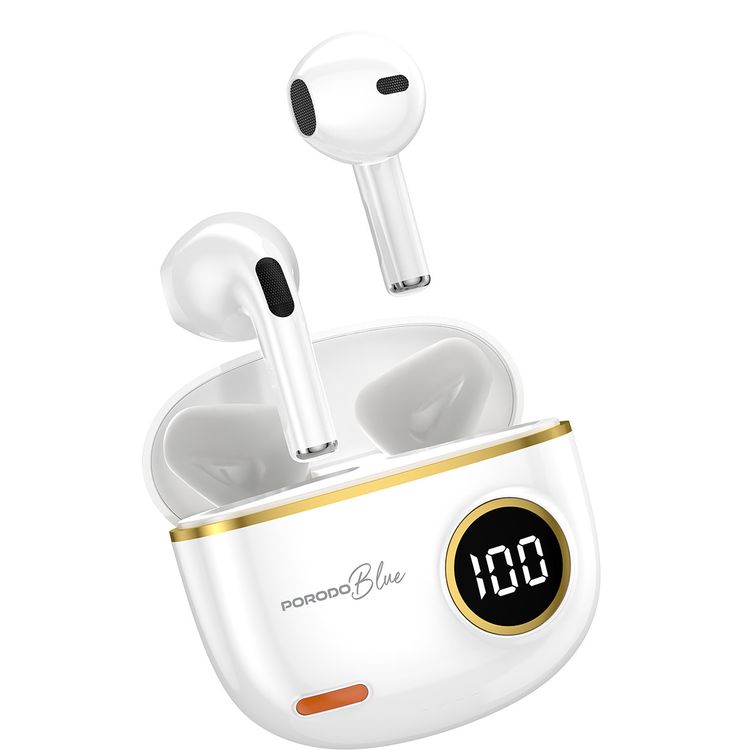 Porodo Blue Pop Tune True Wireless Deep Bass Earbuds with Digital Battery Display, Up to 4 Hours Music Playtime, IPX4 Water Resistance Level, Bluetooth Version 5.4, 10m Bluetooth Range, Type-C Charging Port, 180mAh Charging Case Capacity, Touch Control, Immersive Audio, Powerful Driver - White