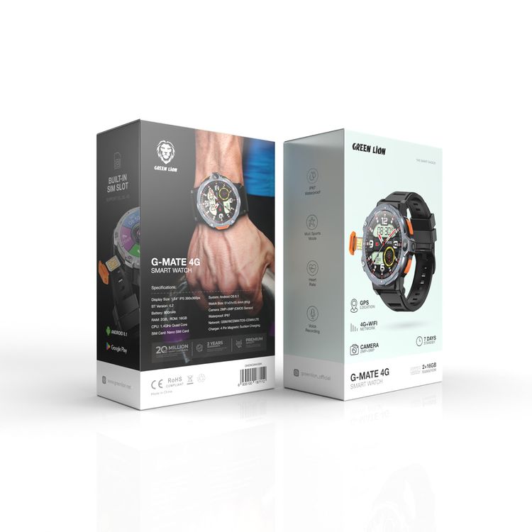 ساعة ذكية Green Lion G-Mate 4G مع وضعيات رياضية متعددة، تسجيل صوتي، موقع GPS، كاميرتين، مراقبة معدل نبضات القلب، منفذ بطاقة Nano SIM، بطارية بسعة 800 مللي أمبير - باللون الأسود