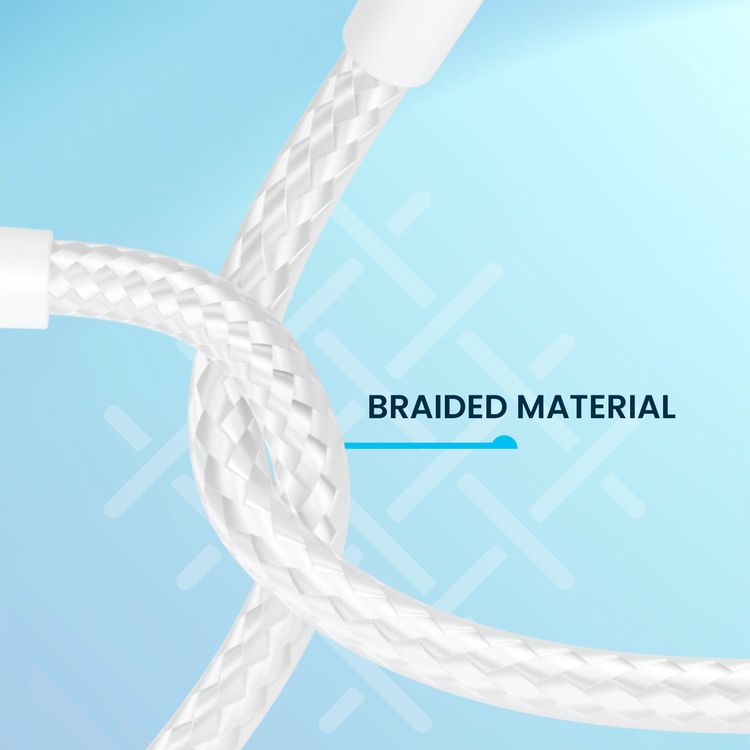 Powerology Braided USB-C to Lightning with 60W Power Delivery, 30cm Cable Length, Universal Compatibility, Fast Charge & Data Transfer - White